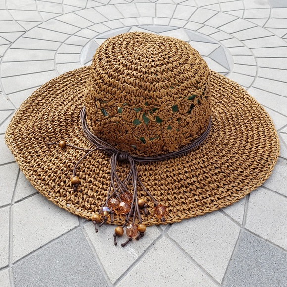 *SOLD*  Scala Crochet Raffia Bead Floppy Sun Hat - Picture 2 of 8